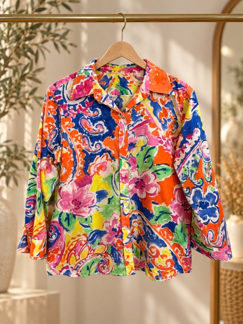 Lauren Ralph Lauren Petite PM Multicolor Paisley Floral Cotton Button Shirt
